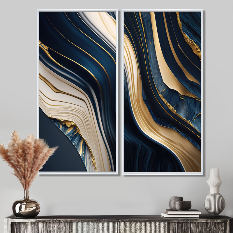 Abstrait géométrique vagues bleues et dorées II - décoration murale moderne bleue 2 pièces, 32'' H x 32'' W, White