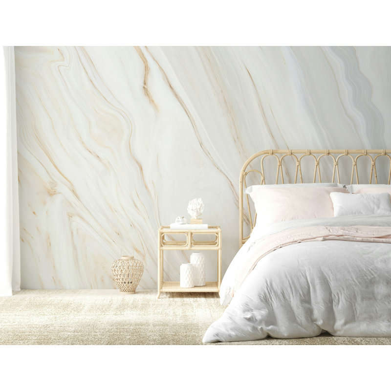 Papier peint crème veiné de marbre blanc avec beige chaud, L 75 po x l 112 po