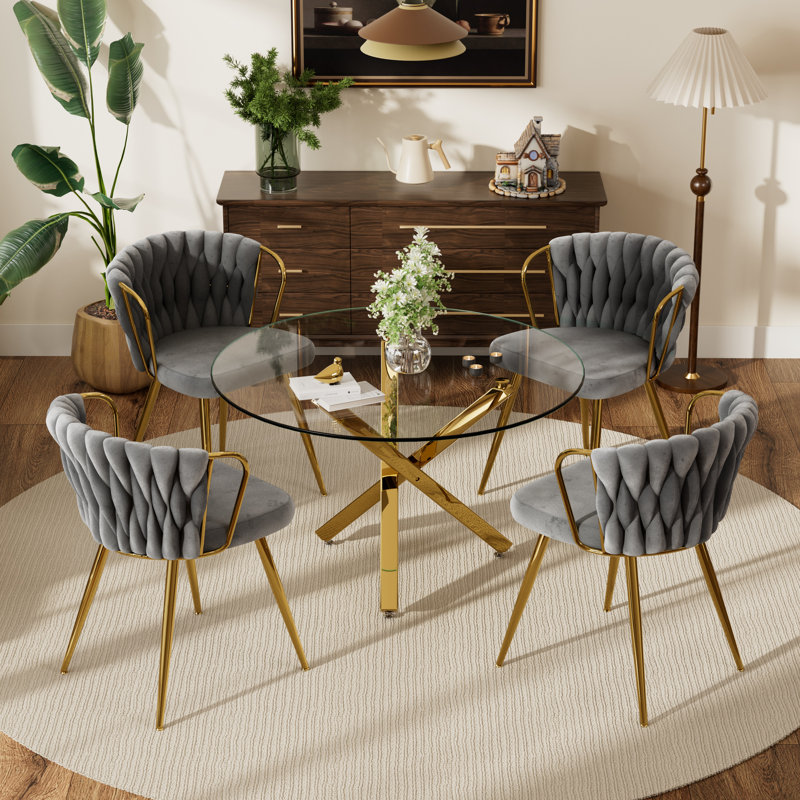 Ensemble repas rond, 5 pièces: table, 4 chaises, Gris, Doré