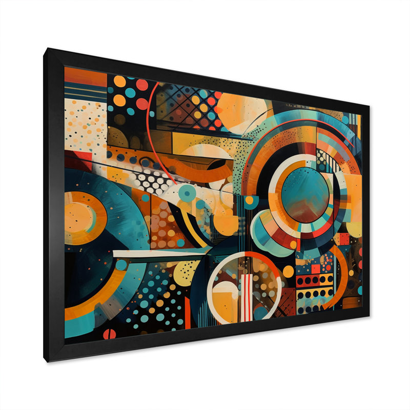 Orange et bleu, vibrations géométriques III - impression sur toile géométrique moderne, Impression noire sur toile encadrée