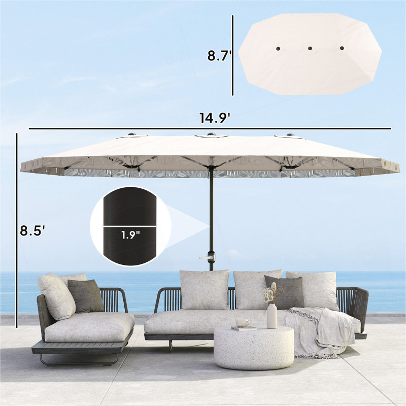 Très grand parasol rectangulaire pour patio, avec frange et manivelle, Beige