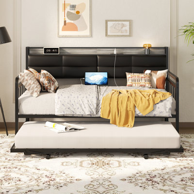 Upholstered Twin Daybed with Trundle and Charging Station