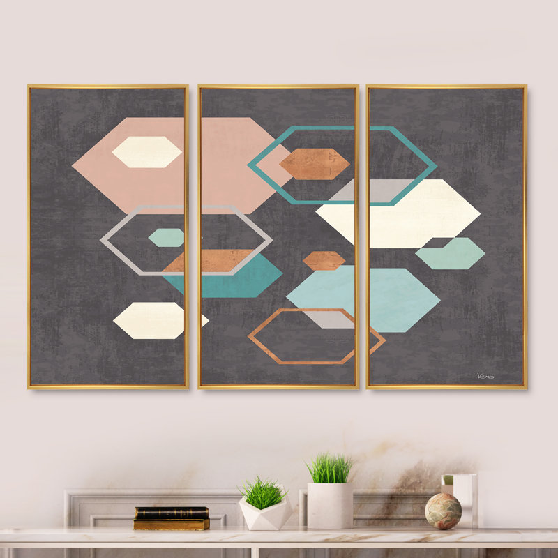 «Geometric Hexagons Pattern IV», ensemble d'art mural encadré moderne sur toile Mid-Century, H 20 po x l 36 po x P 1 po