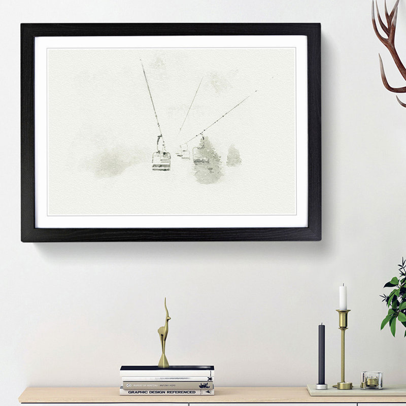 Ski Lift in Morillon France in Abstract - Picture Frame Graphic Art Print, 62cm H x 87cm W x 2cm D, Black Framed