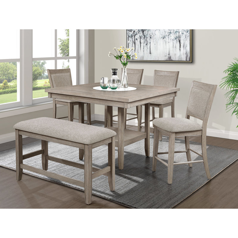 Tan/Brown Counter Height Bench With Linen Upholstered Seat And Footrest, Wood For Dining Room Use Stool In Tan/Beige Gray, Cushioned Wooden Structure