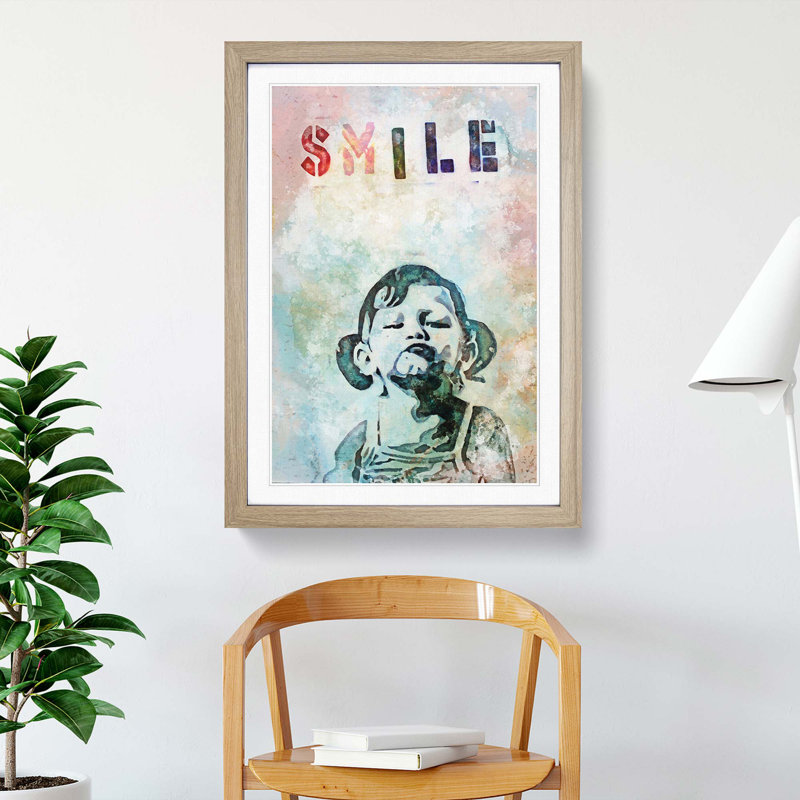 Smile in Abstract by Banksy - Framed Print, 65cm H x 48cm W x 2cm D, Oak Framed