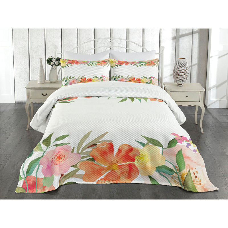 Ambesonne Shabby Flora Bedspread Set Soft Flower Petals Multicolor, King Coverlet/Bedspread + 2 Standard Shams