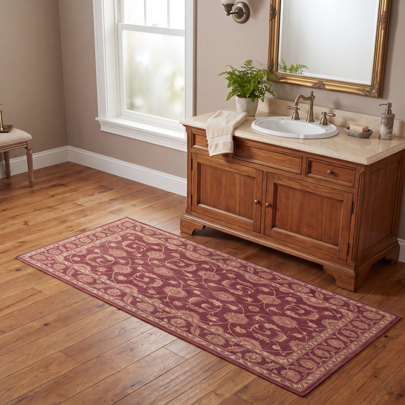 Tapis Cedar2 traditionnel à motif floral intégral bordeaux, cuivre, vert, crème et rose, lavable à la machine, antidérapant, à poils courts, pour l'intérieur et l'extérieur, adapté aux animaux domestiques, idéal pour le salon, la chambre, la salle à manger, l'entrée, le couloir ou le bureau.