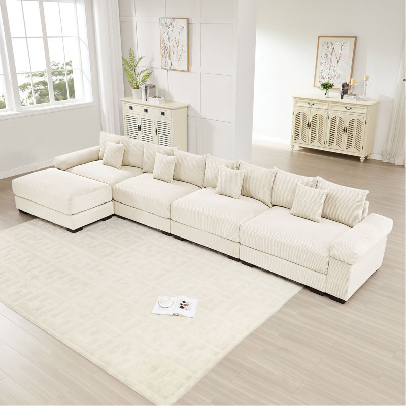 Canapé modulaire en L surdimensionné de 170 po en forme de L modulaire, tissu en velours côtelé doux, avec repose-pieds, accoudoirs larges à assise profonde, conception ergonomique, 12 coussins décoratifs, assemblage facile, pour les salons