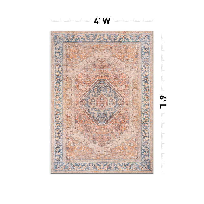 Valora Rust Medallion Pattern Machine Washable Flatweave Rug With Non-Slip Backing, Rectangle 4' x 6'