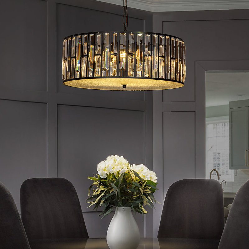 4-light crystal drum chandelier for modern fireplace, Noir mat, H 9 po x l 20,5 po
