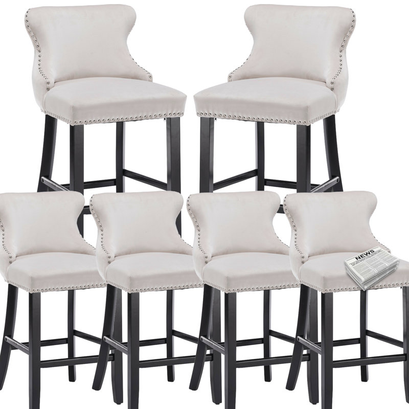Tabourets de bar en velours de cuisine en bois massif (ensemble de 6), Blanc