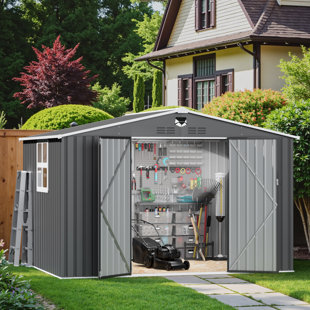 Remise en métal noire verrouillable 8 x 6 pi avec fenêtre intégrée et lampe portative - Solution de rangement spacieuse et bien éclairée