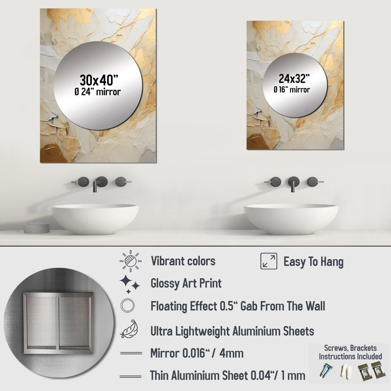 Drumack beige et or Glacier Stone Simplicity II - miroir de formes abstraites, miroir mural moderne unique, impression d'art en métal