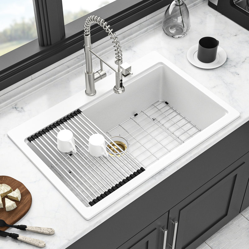 White Quartz Kitchen Sink 33" X 22", High - End Drop In Workstation, Smooth Non Porous Surface, Reduces Dirt, Strainers, Installation Template And Porous, Cutting Board, Clips