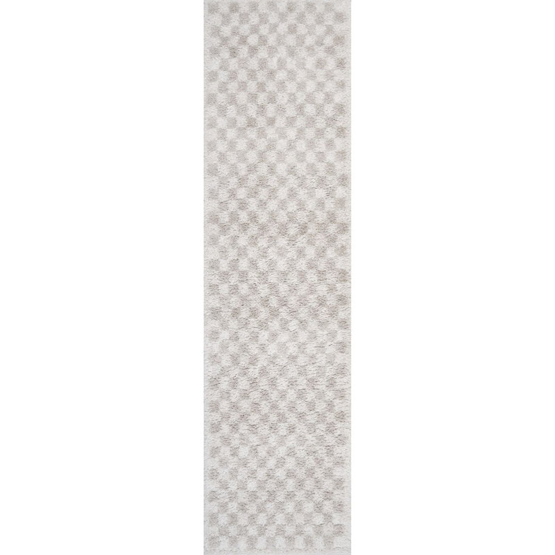 Moodi Modern Shaggy Area Rug Checkered Design, Runner 80 x 300 cm, Off-White Cream/Light Beige