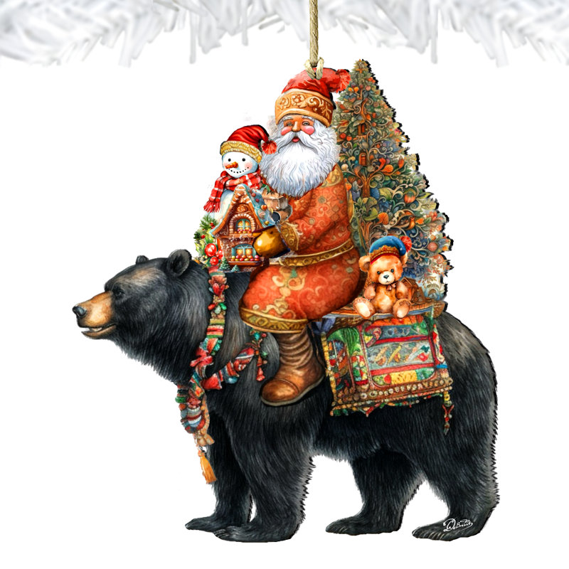 Ornement en bois Père Noël sur un ours noir