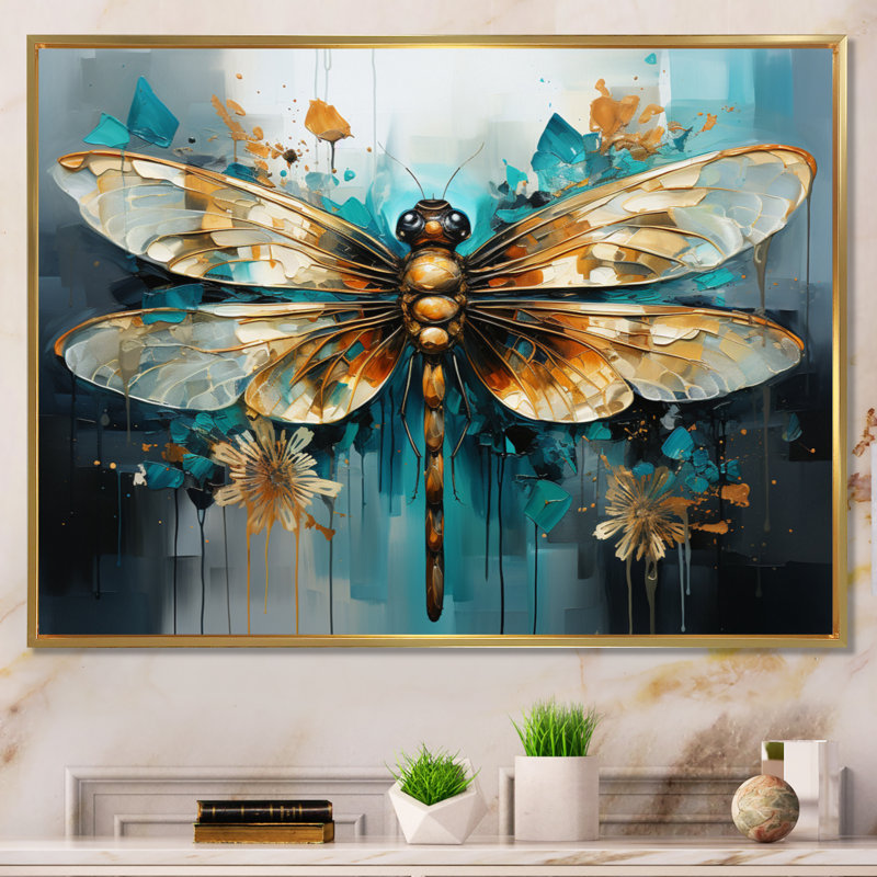 Bleu sarcelle, turquoise, libellule, gouttes I - Libellule, art mural, Cadre flottant doré, H 34 po x l 44 po x P 1,5 po