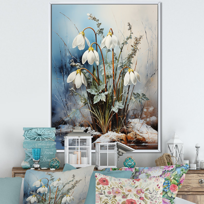 " Snowdrops In Blue Hues ", White Floater Framed, 32" H x 16" W