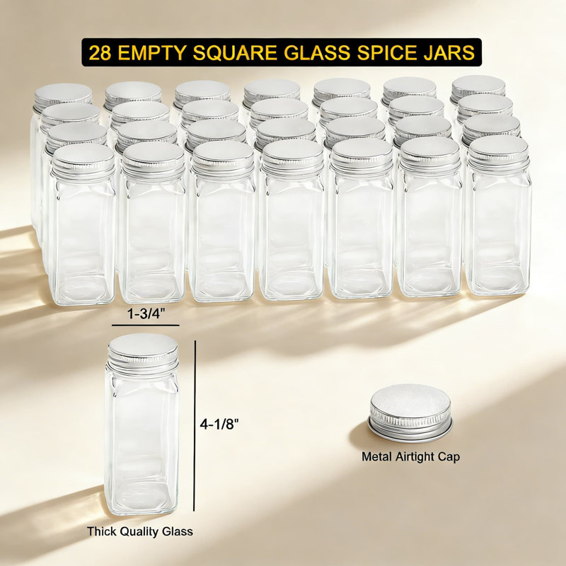 Ensemble complet de rangement à épices avec 28 pots en verre, 386 étiquettes, entonnoir et marqueur à craie - support à 4 niveaux pour armoire, comptoir, garde-manger ou fixation murale