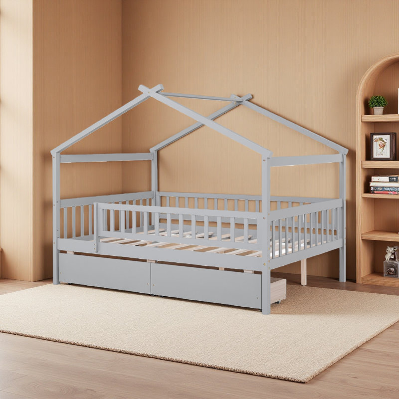 Lit double en bois avec deux tiroirs, Gris