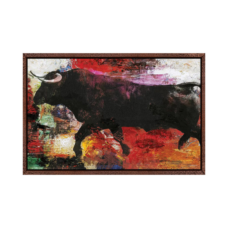 Bull - Print on Canvas, Classic Brown Wood Framed, 45.72cm H x 66.04cm W x 3.81cm D