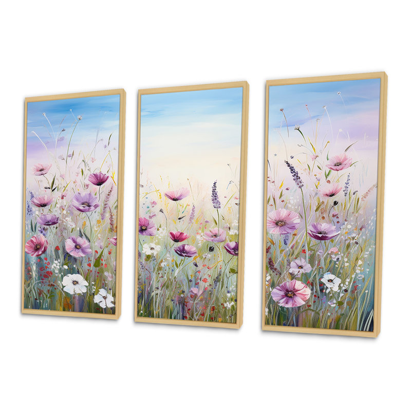 Ensemble de décoration murale Graeme - Champ de fleurs, H 40 po x l 60 po x P 1 po, Cadre flottant érable