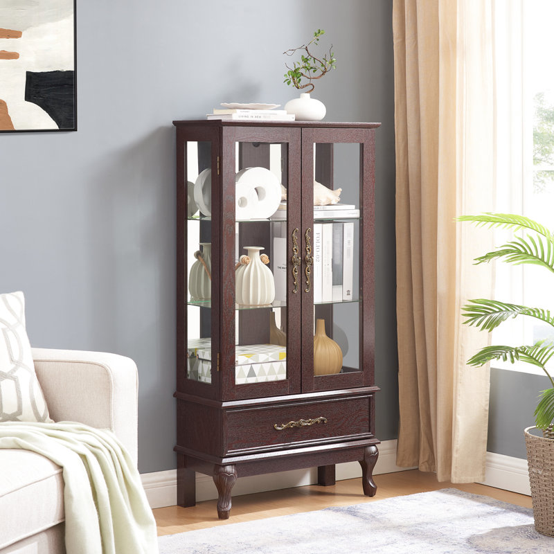 Curio Display Cabinet - Dark Cherry, Adjustable Shelf Alternatives, 2 Doors, 1 Drawer, Vintage Metal Regulation Cherry Cabinet, Shelves, Illuminated Showroom