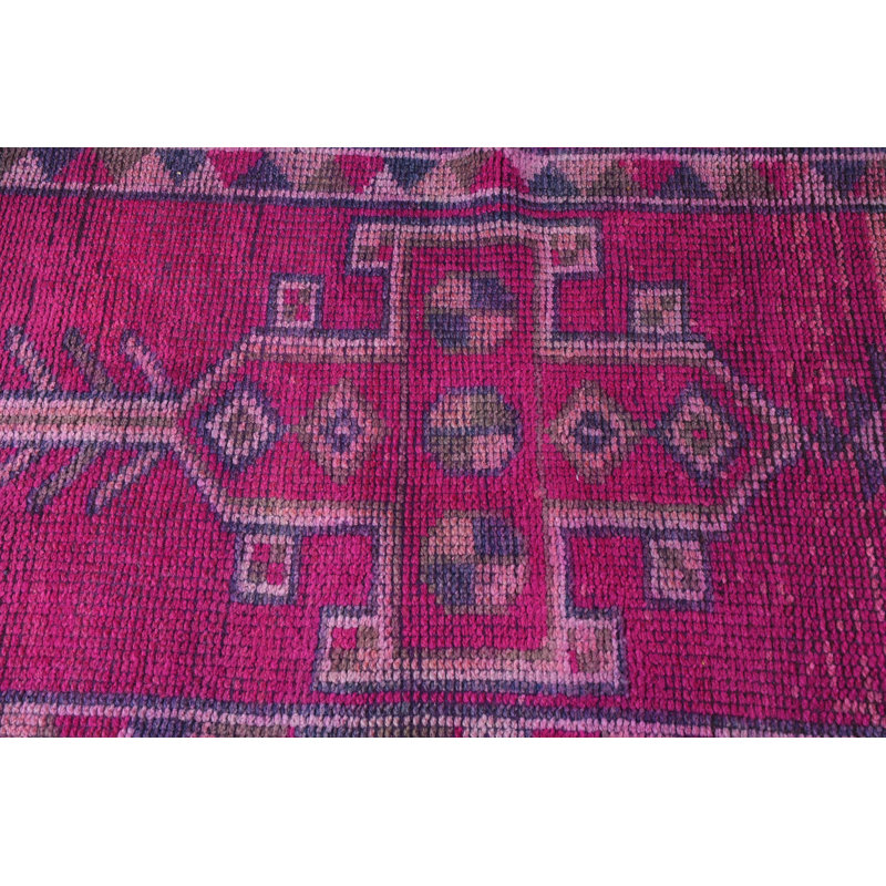 Tapis turc Herki tissé à la main en rose vif pour la cuisine et le couloir - Revêtement de sol en laine antique