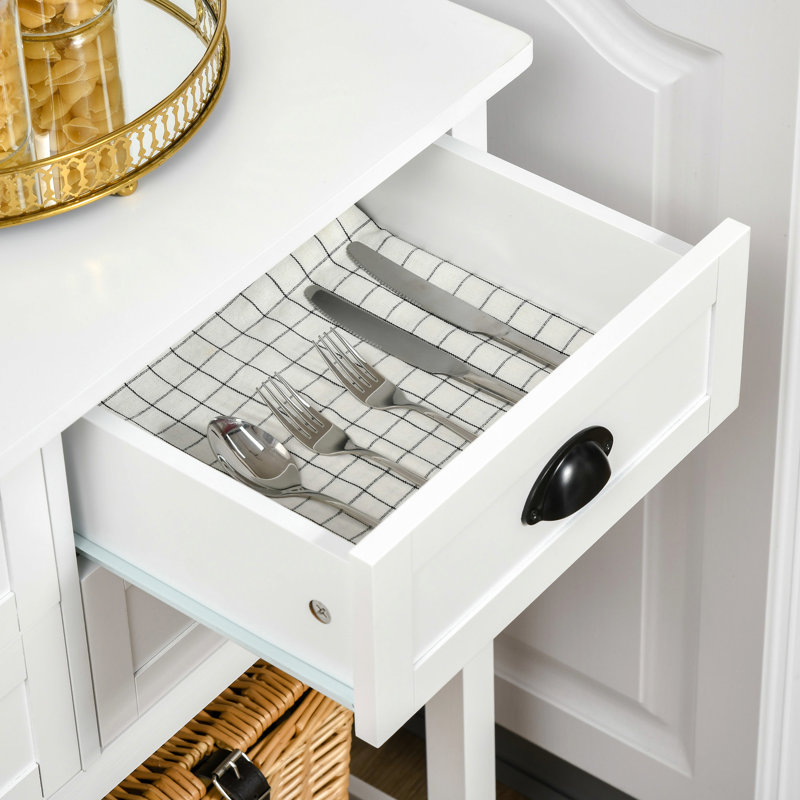 Armoire de rangement blanche à 4 tiroirs et tablette à lattes pour la cuisine, côté salon avec 4 tablettes