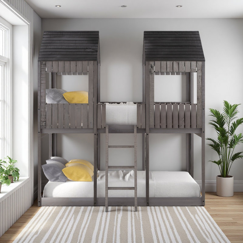 Full Over Full Woodbunk Bed With Roof, Window, Guardrail, Ladder, Antique Gray