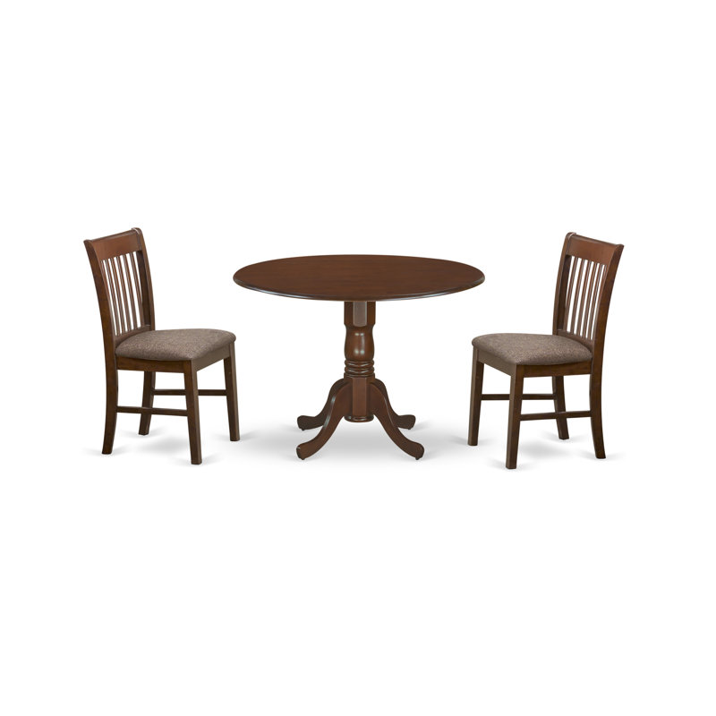 L'ensemble 3 pièces de table et chaises de cuisine contient une table de salle à manger ronde avec Dropleaf et 2 chaises de salle à manger rembourrées en tissu de lin, 42 x 42 pouces, acajou