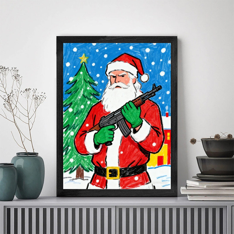 «Black Christmas Bold Christmas Santa Claus Rifle Wall Art», impression de cadre festif décalé, H 11 po x l 9 po