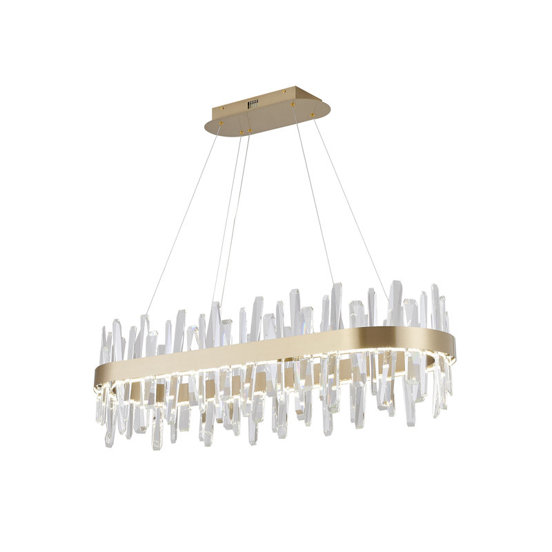 This Exquisite LED Chandelier Is In A Gold Finish. The Frame Is Made Out Of Stainless Steel In An Oval Shape, And The LED Bulbs Are Integrated Into The Frame. It Also Comes With Clear Crystal Accents. The Adjustable Cord Links Make This Fixture Suitable F
