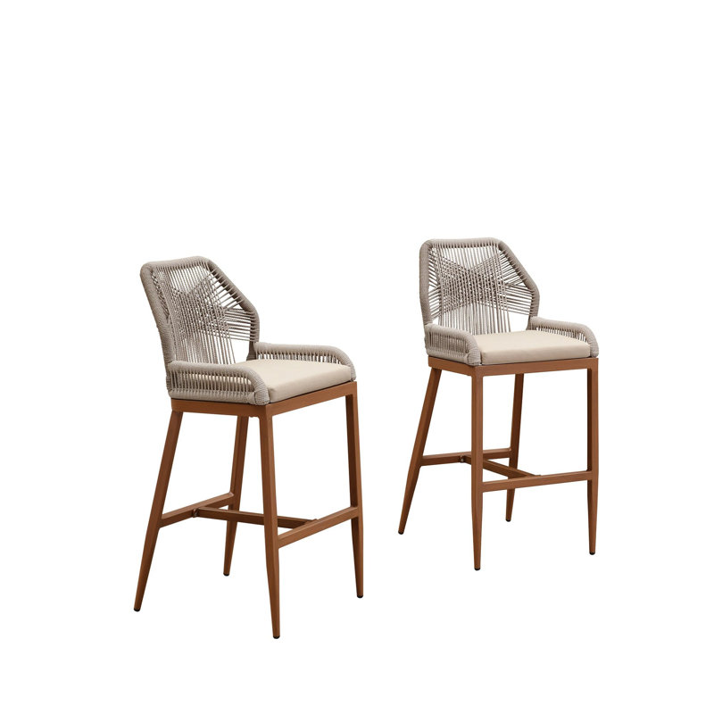 Purple Leaf Patio Upcycled Fabric Bar Stools 28" H Set Of 2 Handwoven Wicker Bar Height Stool Modern Aluminum High Bar Chairs Outdoor Wicker Barstools With Back And Cushion For Kitchen Pool Island