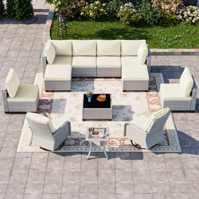 Ensemble de mobilier de jardin 12 pièces, ensemble de mobilier d'extérieur avec chaises pivotantes, repose-pieds, canapé modulaire, rotin en osier double brin, structure résistante à la rouille