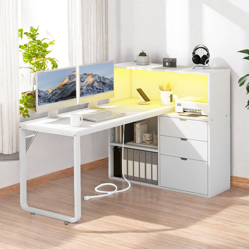Broly 55'' L Shaped Desk With Power Outlets & LED Light, White
