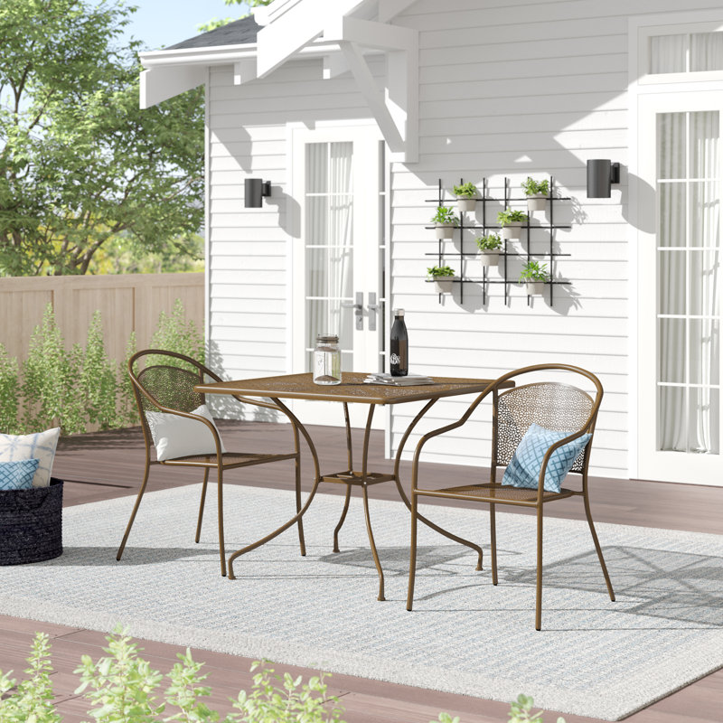 Ledoux 35.5'' Square Indoor-Outdoor Steel Patio Table Set with 2 Round Back Chairs, Gold