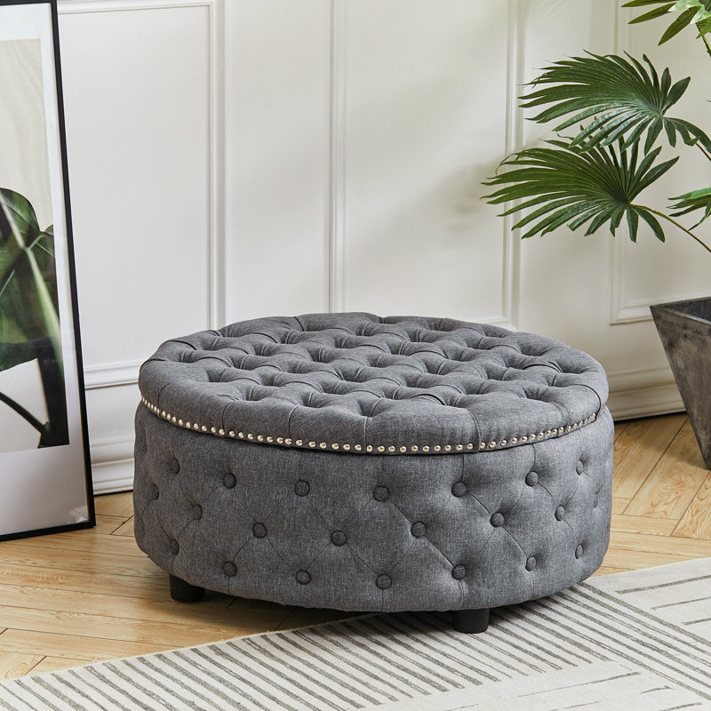 Acle 75cm Wide Tufted Round Solid Colour Cocktail Ottoman, Dark Grey
