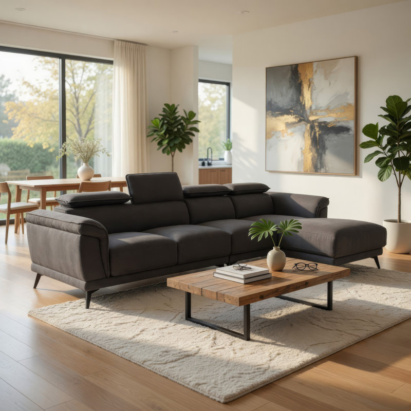 Canapé modulaire Panie, appuis-tête réglables, tissu gris, 125 po, Tissu gris foncé