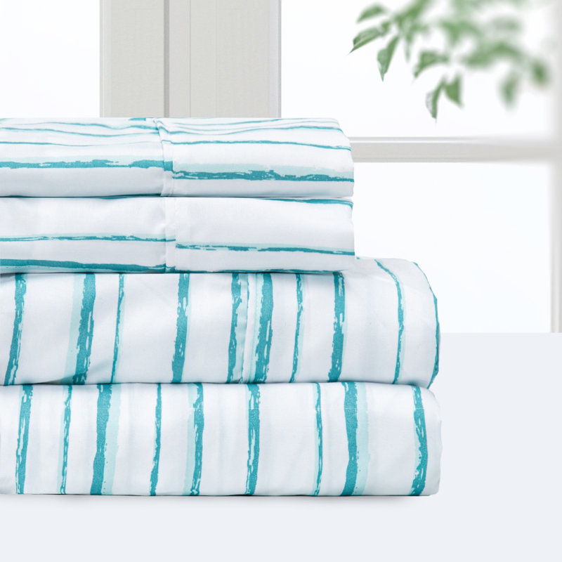 Ensemble de draps Pointehaven, 1 microfibre de polyester, poches profondes, doux, Queen, Rayures marines