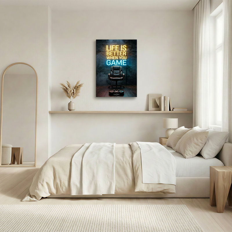 Art mural sur toile jaune et bleu, "Life is Better When You Game", 48"H x 32"W