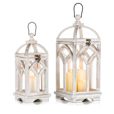 Candle Lantern Wooden - 12" / 16" Set Of 2 Decorative Rustic Wood Candle Holder Home Decor Decoration Wedding Table Centerpiece, Whitewashed