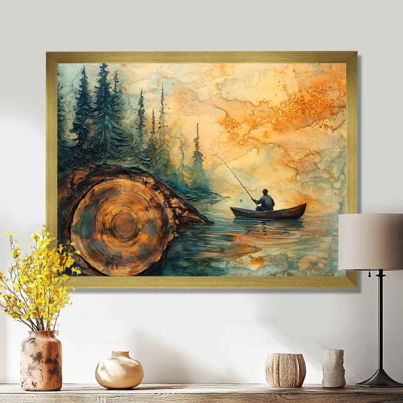 Gerrid pêche tranquillité rivière paysage II - bateau pêche art mural, H 30 po x l 40 po, Or