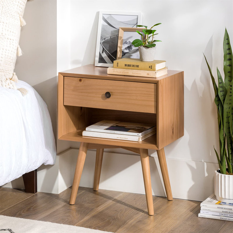 Table de chevet 1 tiroir Mid-Century, Pin naturel