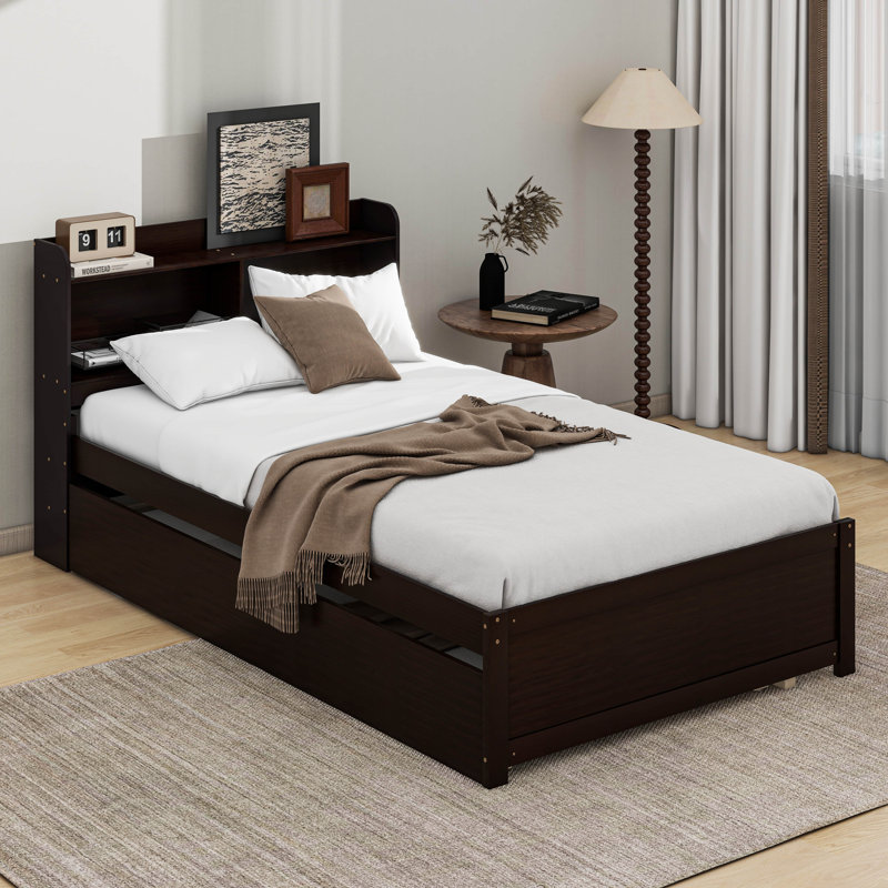 Twin Bed Frame With Storage Headboard, Trundle Bed, Espresso