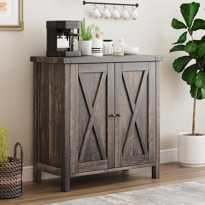 Rustic Farmhouse Coffee Bar Cabinet with Barn Doors, Brown