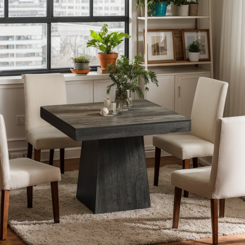 Petite table carrée pour 4 personnes, table de cuisine de style industriel/ferme avec pied central robuste, Gris
