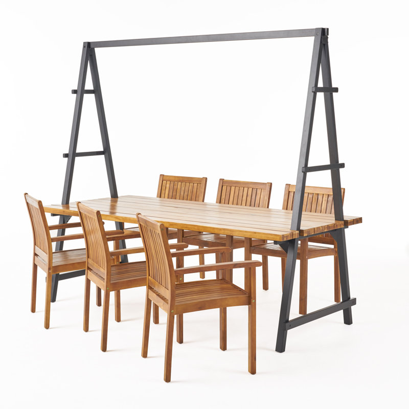 Allexa 6 - Person Acacia Solid Wood Patio Dining Set Rectangular Table, Teak/Black
