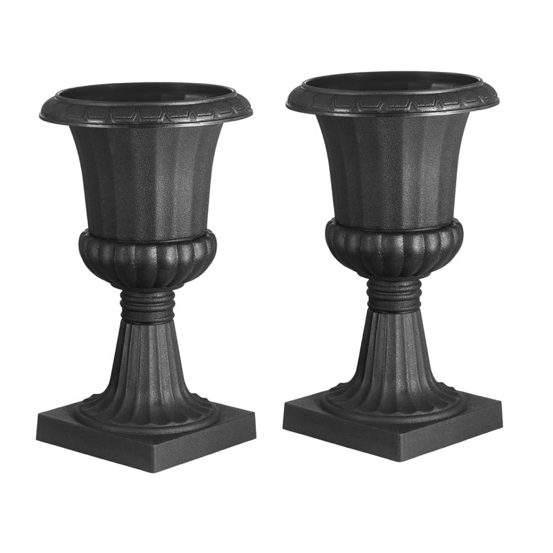 Ensemble de 2 pots de fleurs classiques en plastique noir en forme d'urne - 67 cm de hauteur, avec drainage, pour l'intérieur et l'extérieur, parfaits pour décorer une terrasse, un jardin ou un porche.